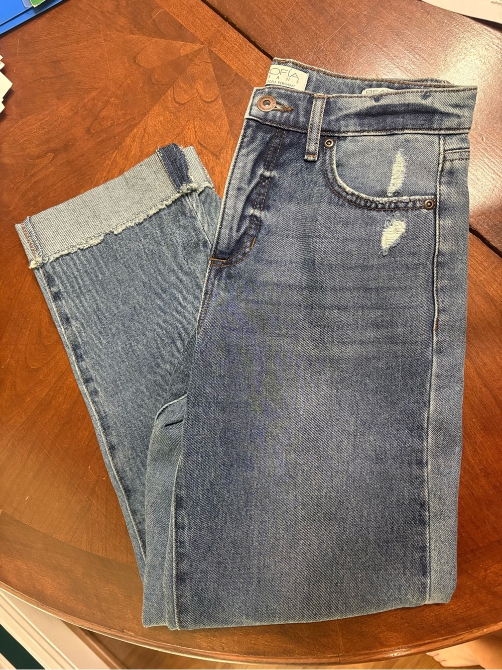 Sofia Vergara Beatrix Relaxed Fit Blue Distressed Straight-Leg Jeans